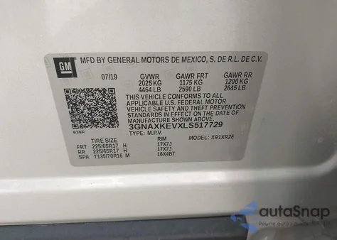 2020 Chevrolet Equinox Fwd Lt 1.5L Turbo z USA, uszkodzony, nr VIN 3GNAXKEVXLS517729